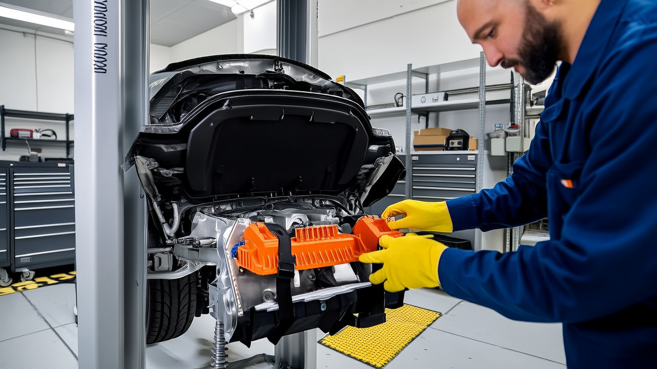 AI concept image: Tesla Model 3 high-voltage system inspection
