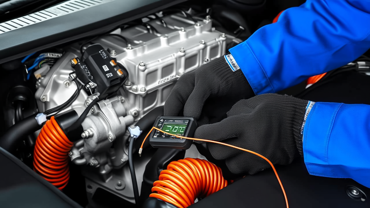 AI concept image: technician measuring the high-voltage connector in the front compartment of an Emgrand EV300