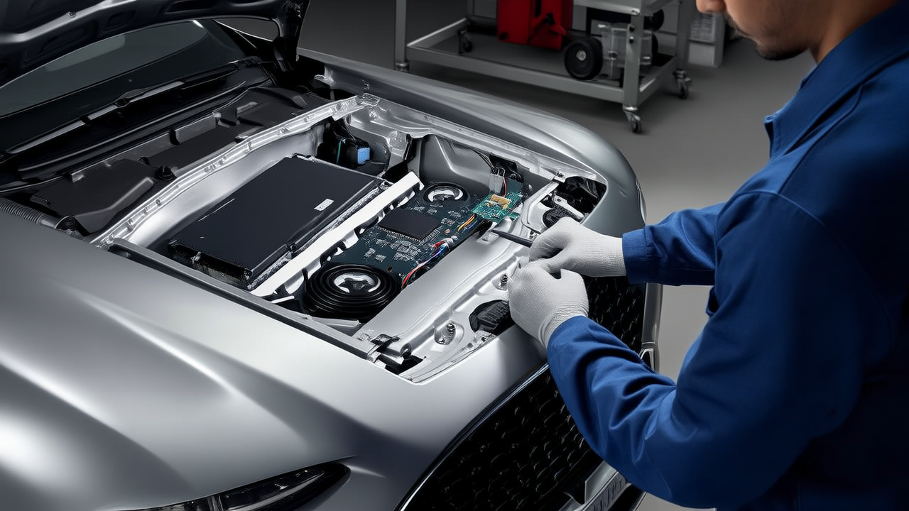 AI concept image: technician disassembling the front compartment OBC assembly of an Emgrand EV450