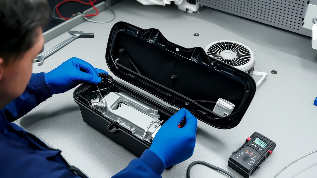 AI concept image: technician removing passenger glove box to inspect HVAC blend door motor