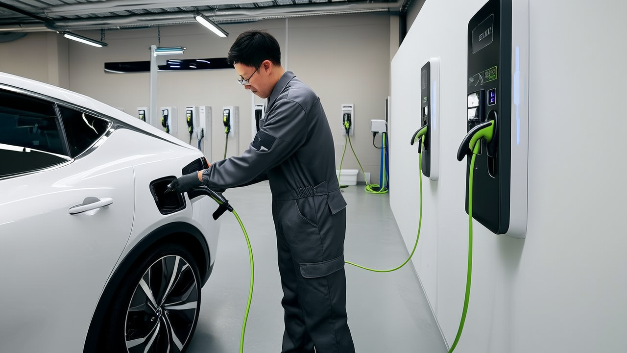 AI concept image: Technician plugging AC charging gun into Dolphin