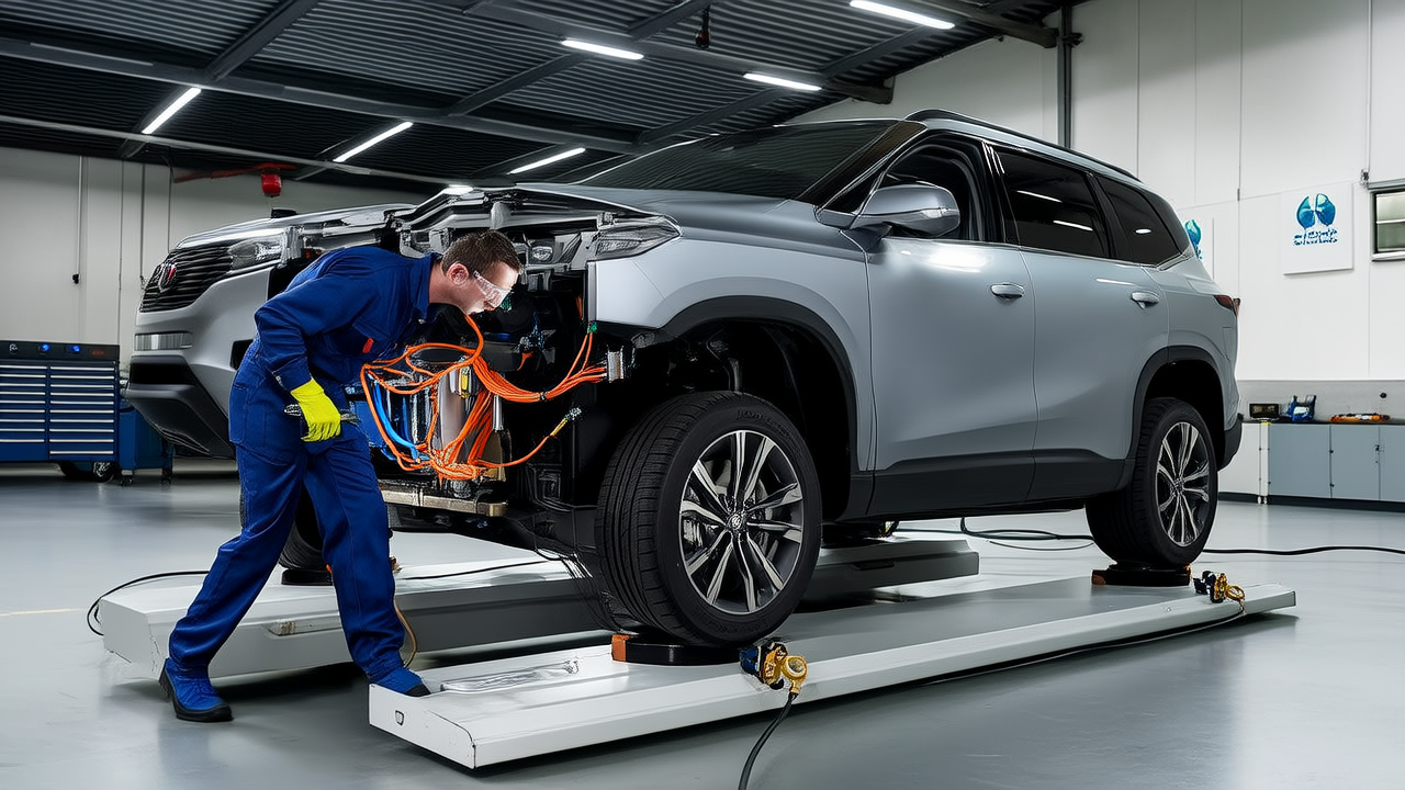 AI concept illustration: technician inspecting the underbody high-voltage wiring harness on a lift